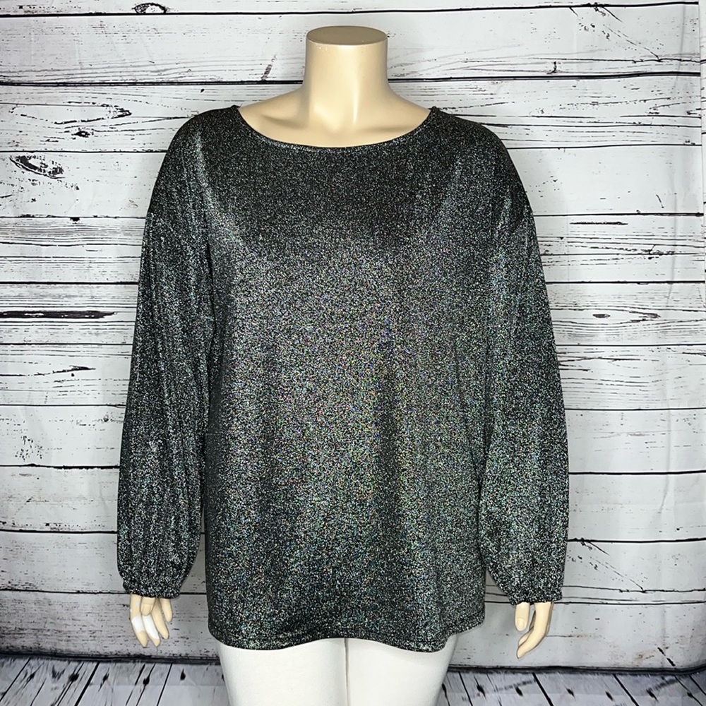 C. Oliver NWT Size 2X Black - Silver Shimmer Long Sleeve Peasant Blouse Top